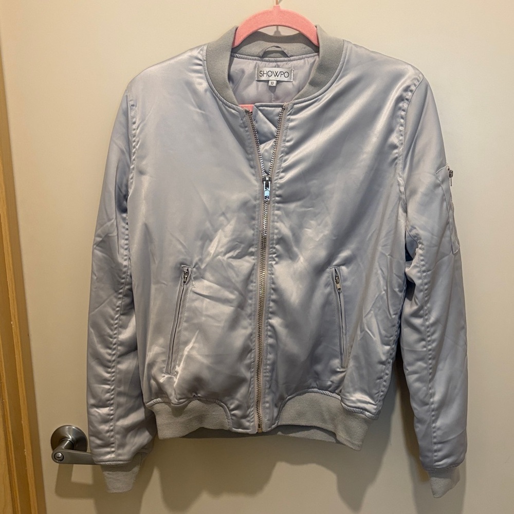 Showpo Silver Satin Bomber Jacket